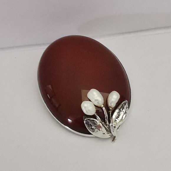 Antique Sterling Silver Signed Carnelian with Pearls Brooch - Picture 3 of 14